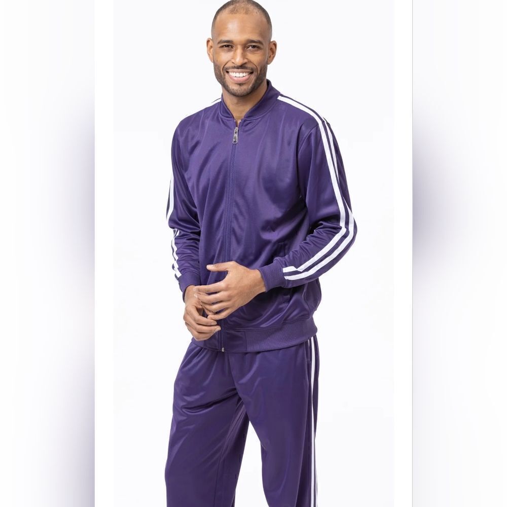 MEN'S MONTIQUE PURPLE 2 PIECE SPORT TRACK SUIT WITH DOUBLE SIDE STRIPE. JS26.